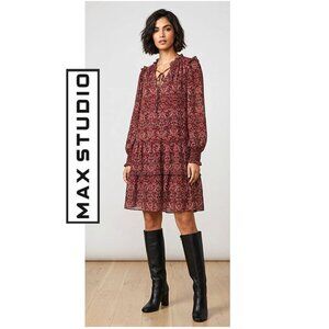 NWT!!! MAX STUDIO, Boho burgundy long sleeve floral pattern dress, size: large